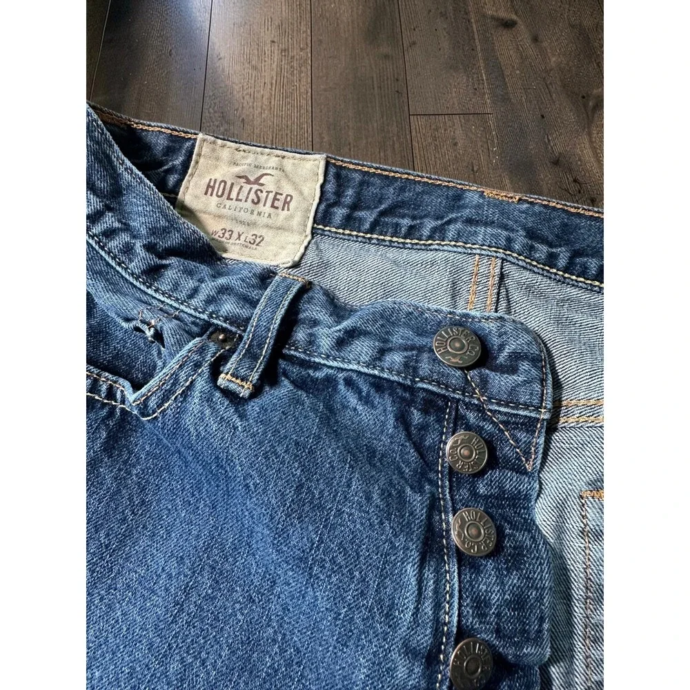 Hollister Jeans Men 33x32 Blue Slim Straight Button Fly Distressed Denim Y2K